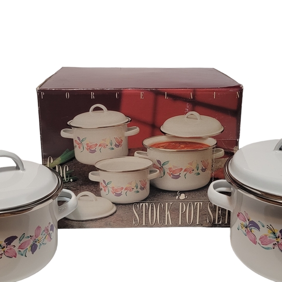 Vintage NEW enamel floral mini stock pots with lids - Picture 1 of 12